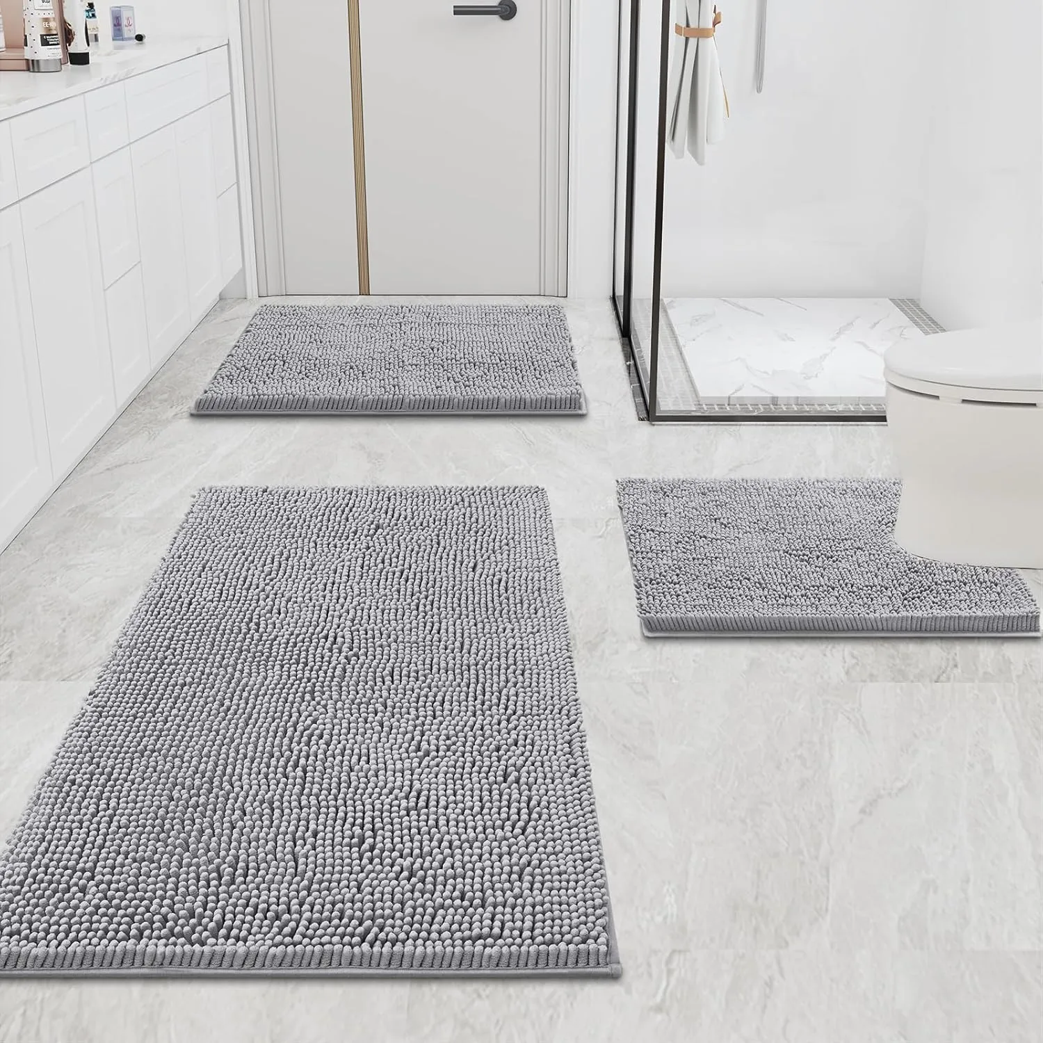 Smiry Bathroom Rugs Set 2 Piece, Soft Absorbent Chenille Bath Mat and U-Shaped Toilet Rug Set, Non Slip Shaggy Bath Carpet for Tub, Shower and Floor (30x20 24x20, Grey)