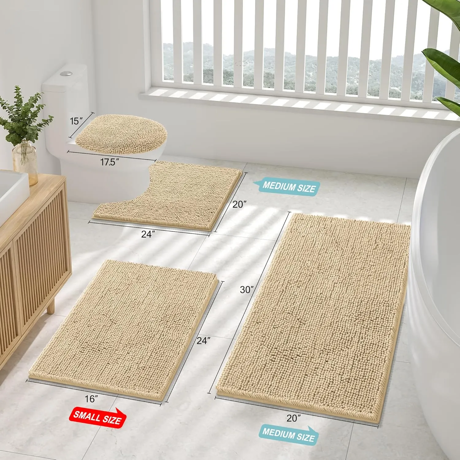 Smiry Bathroom Rugs Sets 2 Piece, Soft Absorbent Chenille Machine Washable Non Slip Shaggy Bath Rug Set for Tub, Shower, and Floor (30x20 24x16, Beige)