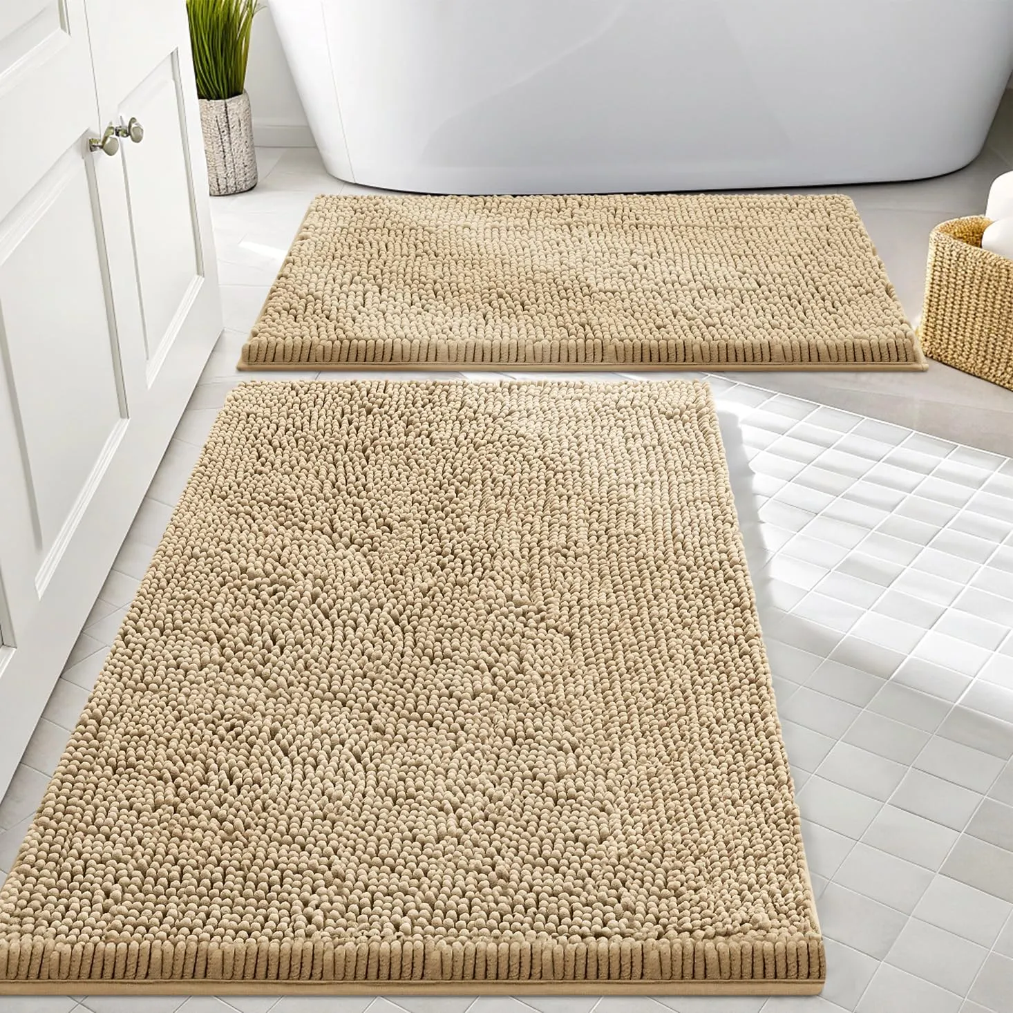 Smiry Bathroom Rugs Sets 2 Piece, Soft Absorbent Chenille Machine Washable Non Slip Shaggy Bath Rug Set for Tub, Shower, and Floor (30x20 24x16, Beige)
