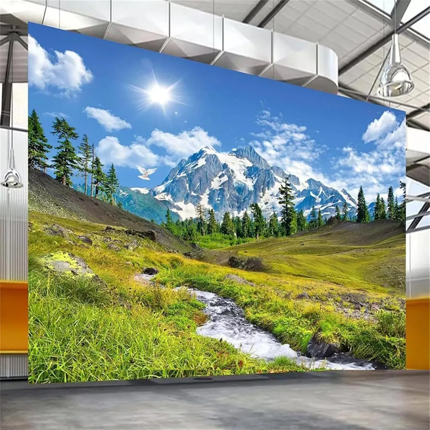 Snow Mountain Plateau Natural Scenery Wall Murals, Green Forest Grassland 3D Wallpaper Mural, Wall Decal Stickers Good Adhesion Clear Picture for Living Room Sofa Bedroom（157.5" W x 110.3" H）