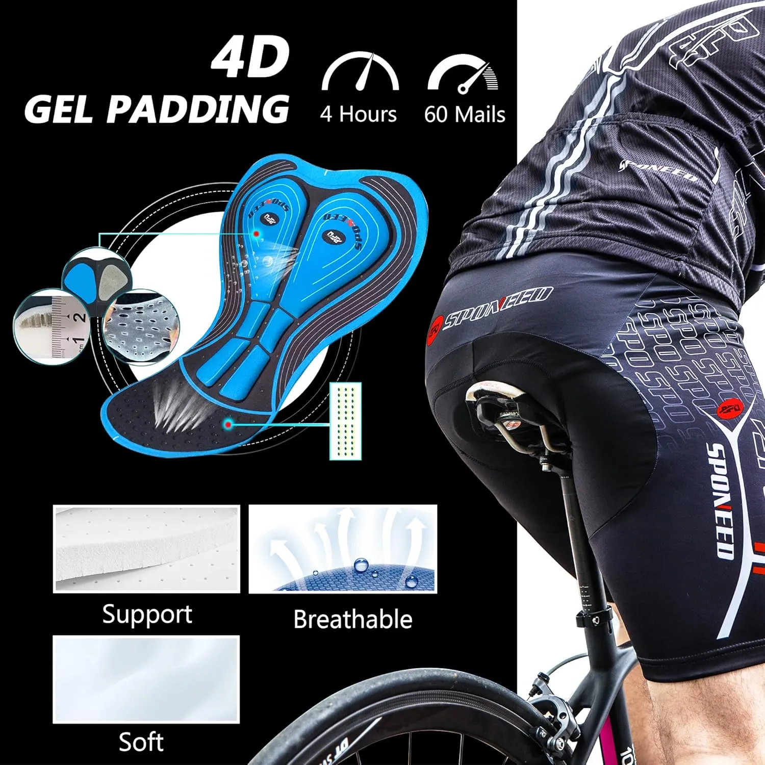 sponeed Men Bike Shorts Cushioned Biking Wear Gear Road Cycling Bottoms