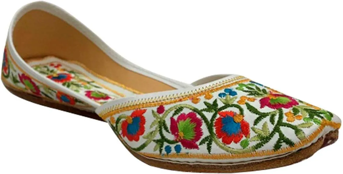 Stop n Style Punjabi Jutti for Ladies Mojari Shoes Jutti Shoes White Floral Multicolor Casual Party Wedding Slip-On Flats