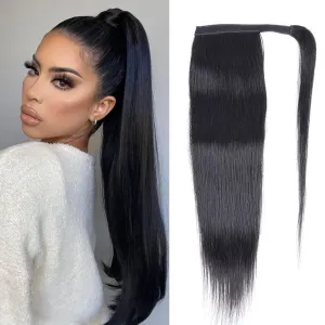 Straight Ponytail Extension Human Hair Wrap Around Magic Paste Ponytail Clip In Real Brazilian Virgin Human Hair pieces For Black Women Natural Black (Straight Ponytail, 16 Inch)