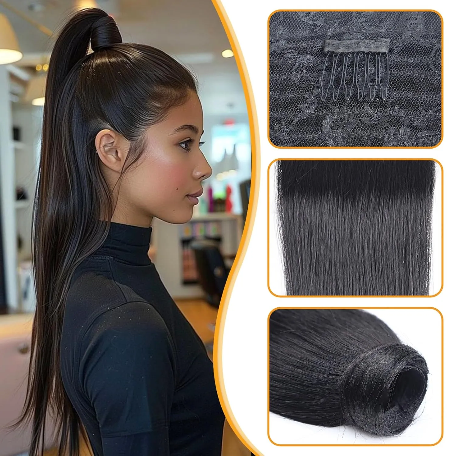 Straight Ponytail Extension Human Hair Wrap Around Magic Paste Ponytail Clip In Real Brazilian Virgin Human Hair pieces For Black Women Natural Black (Straight Ponytail, 16 Inch)