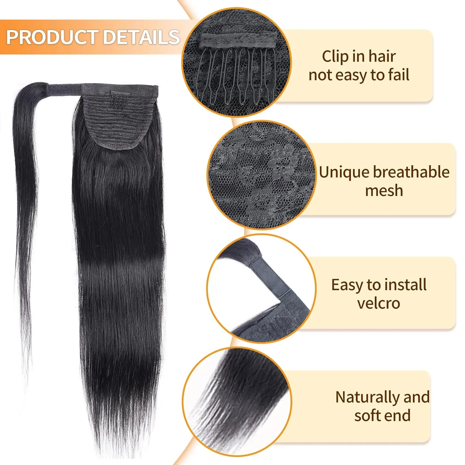 Straight Ponytail Extension Human Hair Wrap Around Magic Paste Ponytail Clip In Real Brazilian Virgin Human Hair pieces For Black Women Natural Black (Straight Ponytail, 16 Inch)