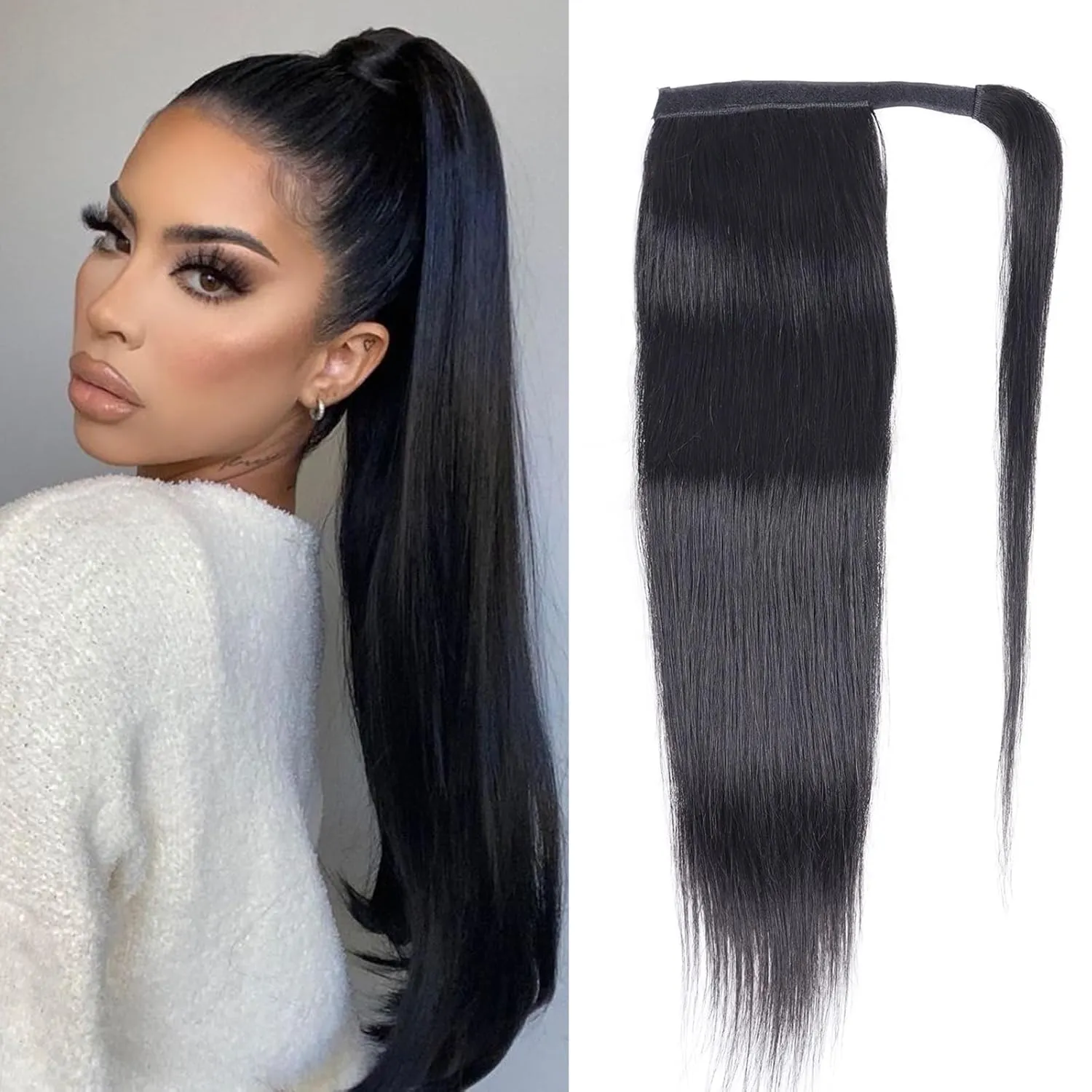 Straight Ponytail Extension Human Hair Wrap Around Magic Paste Ponytail Clip In Real Brazilian Virgin Human Hair pieces For Black Women Natural Black (Straight Ponytail, 16 Inch)