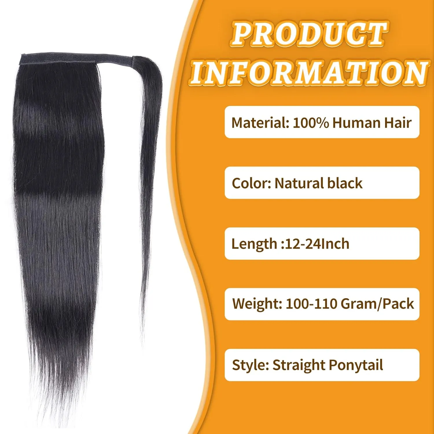 Straight Ponytail Extension Human Hair Wrap Around Magic Paste Ponytail Clip In Real Brazilian Virgin Human Hair pieces For Black Women Natural Black (Straight Ponytail, 16 Inch)