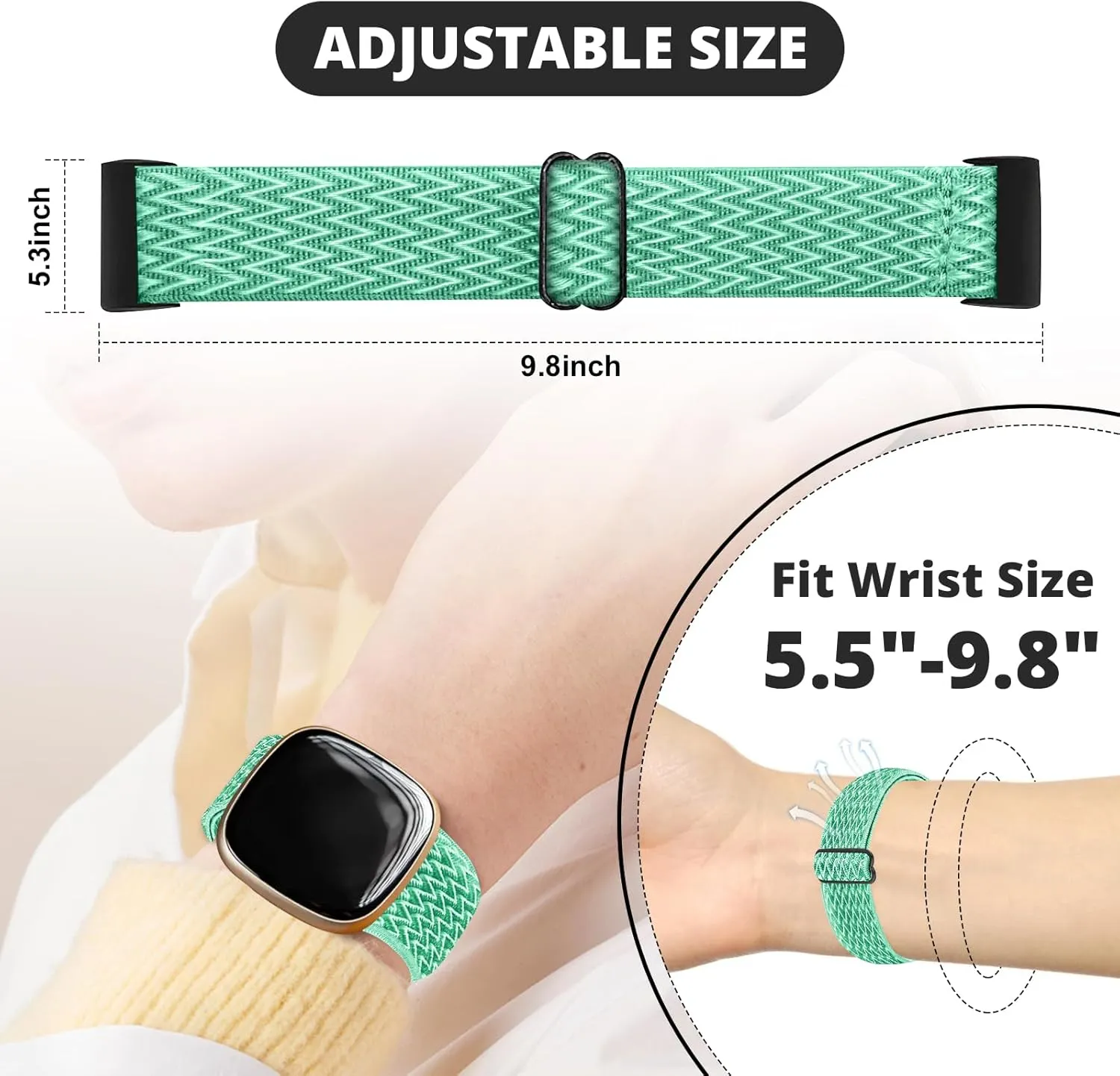 Stretchy Bands for Fitbit Versa 3/4 & Sense/2, Breathable Quick-Dry Elastic Nylon Versa 3 Watch Straps Women Men, Adjustable Soft Silicone Sport Wristbands Replacement bands with Secure Buckle