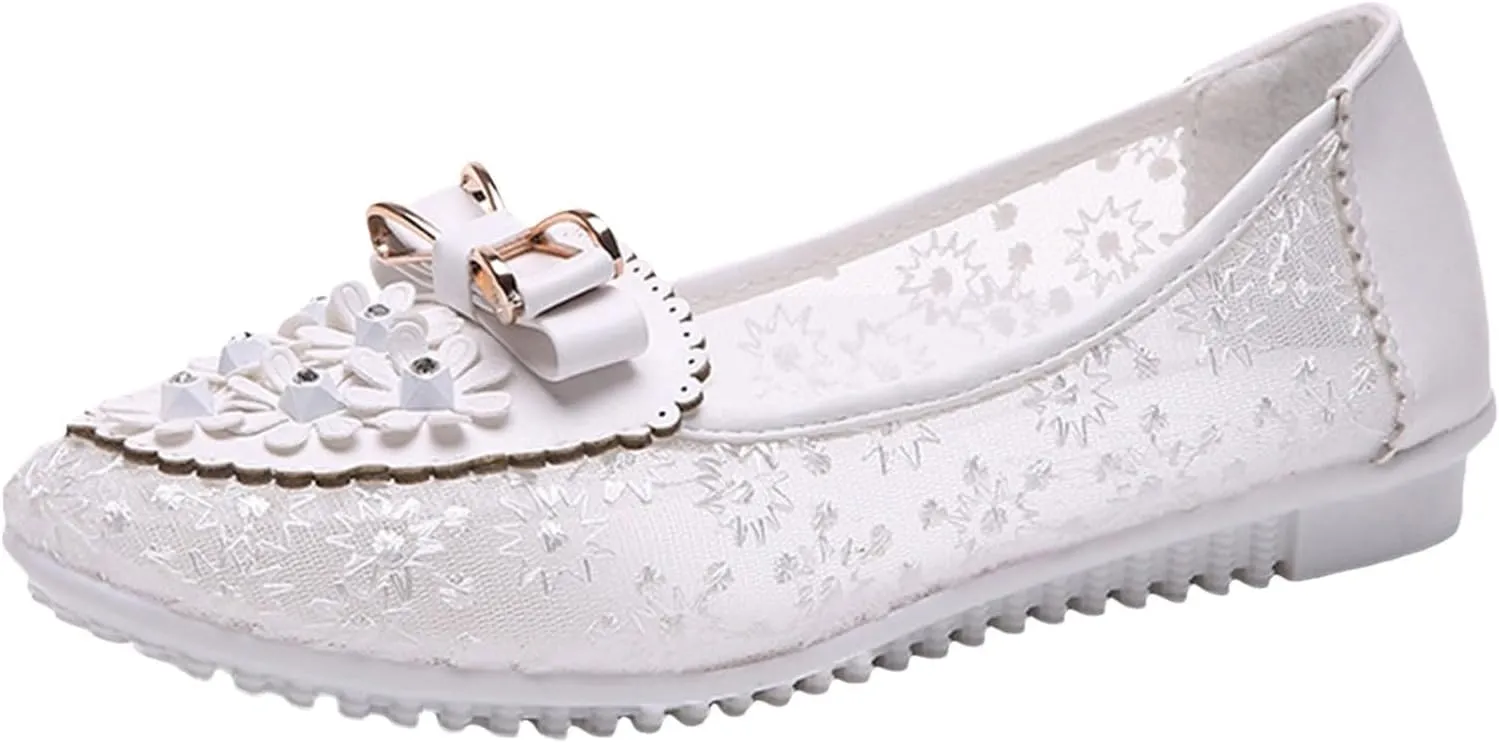 Summer Sandals for Women Women's Embroidery Lace Leather Flats Breathable Soft Sole Loafers Casual Ballet Shoes