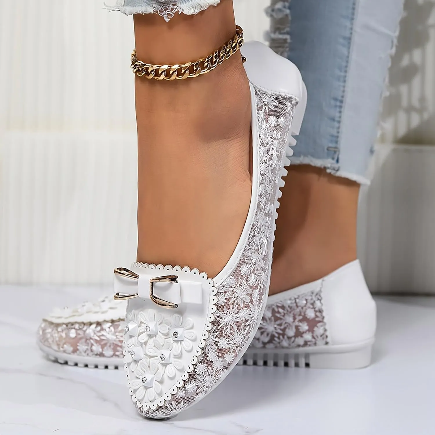 Summer Sandals for Women Women's Embroidery Lace Leather Flats Breathable Soft Sole Loafers Casual Ballet Shoes
