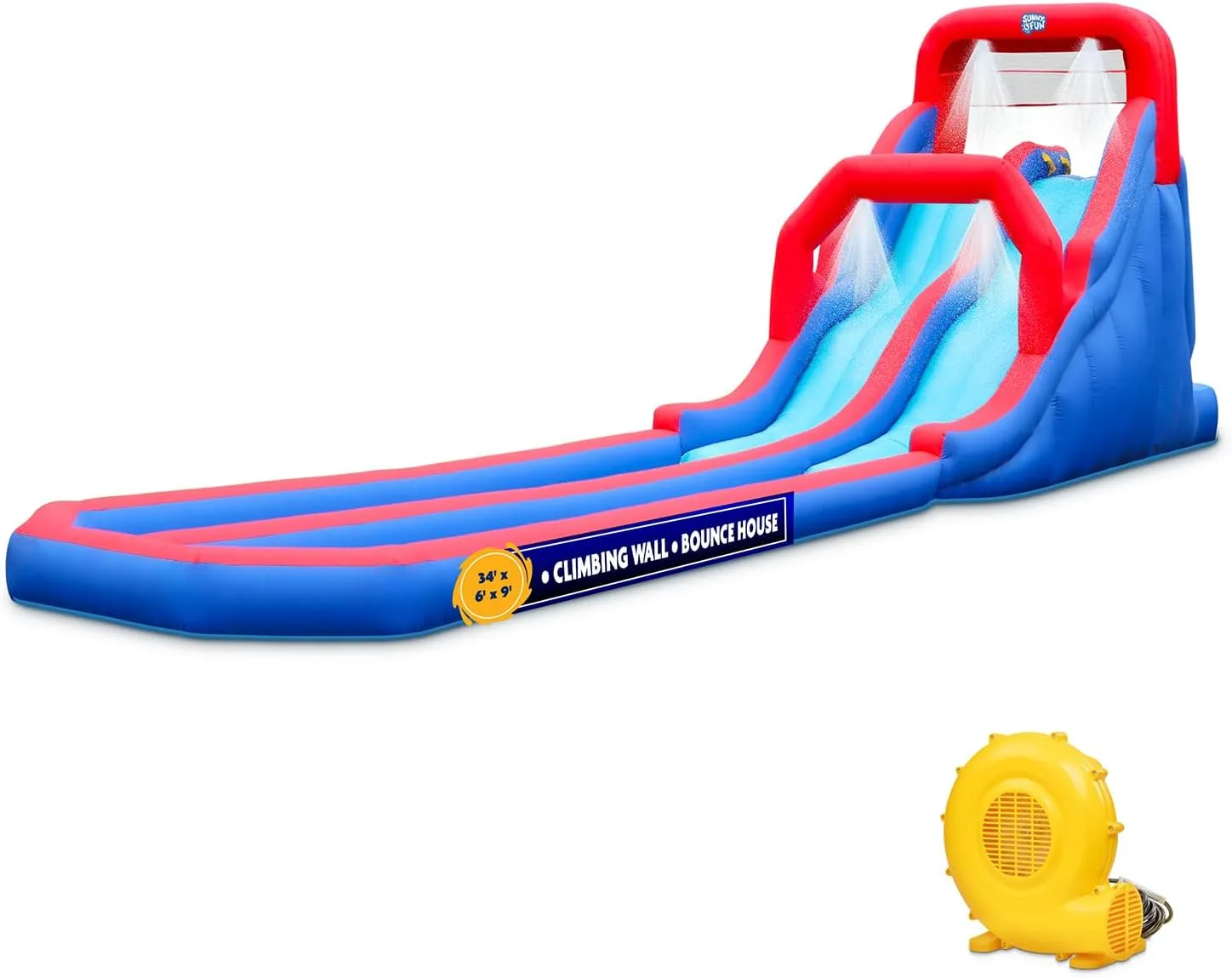 Sunny & Fun Dual Splash Inflatable Water Racing Slide Park – Heavy-Duty for Outdoor Fun - Climbing Wall, Two Slides & Splash Pool – Easy to Set Up & Inflate with Included Air Pump & Carrying Case