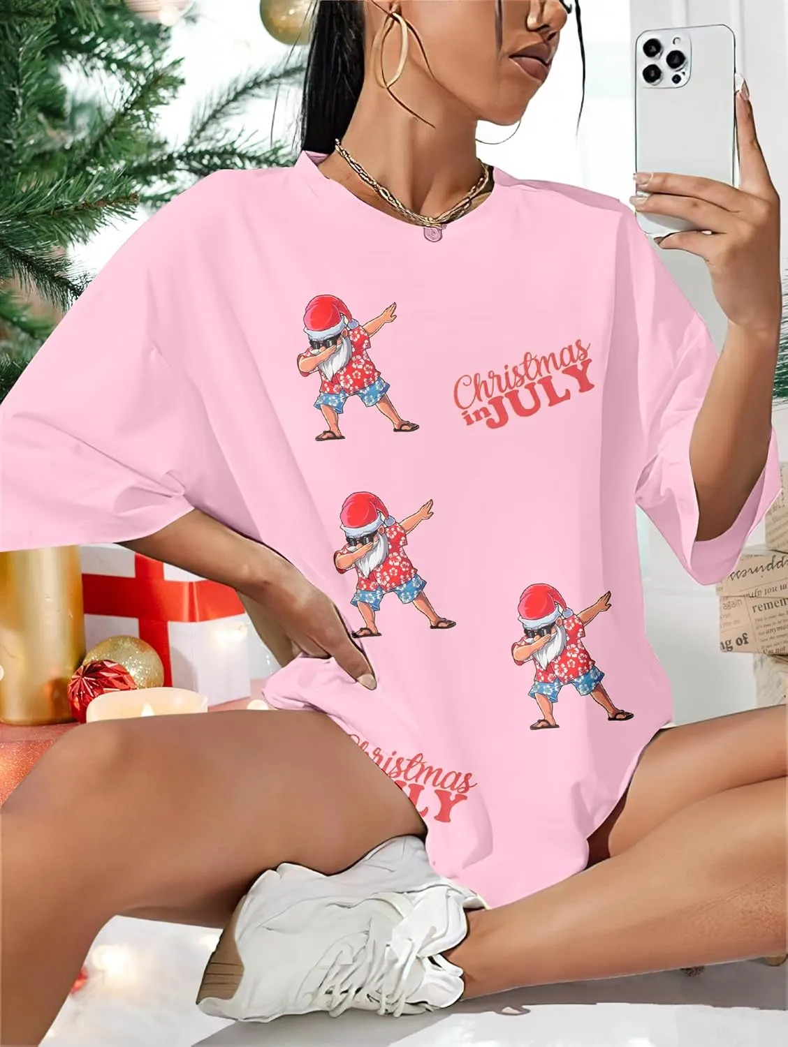 SUPEYA Christmas in July Shirts Women Merry Xmas Shirt Summer Beach Party Shirt Funny Hawaiian Vacation Short Sleeve Tops