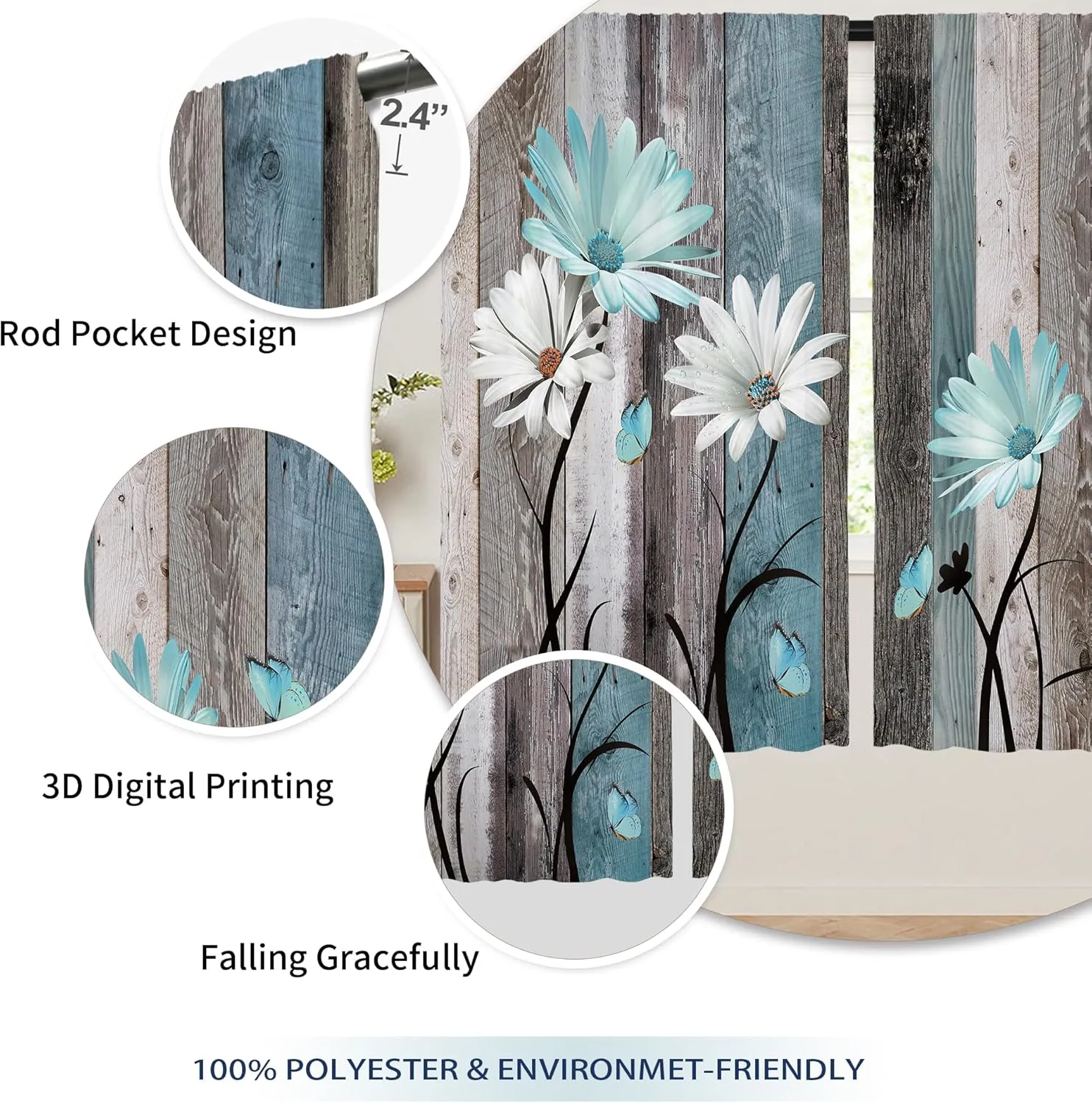Teal Farmhouse Daisy Curtains, Wooden Flower Window Curtains 52x84 Inch for Bedroom Living Room Decor, Rustic Floral Butterfly Country Drapes Treatment Draperies Fabric Rod Pocket (2 Panels