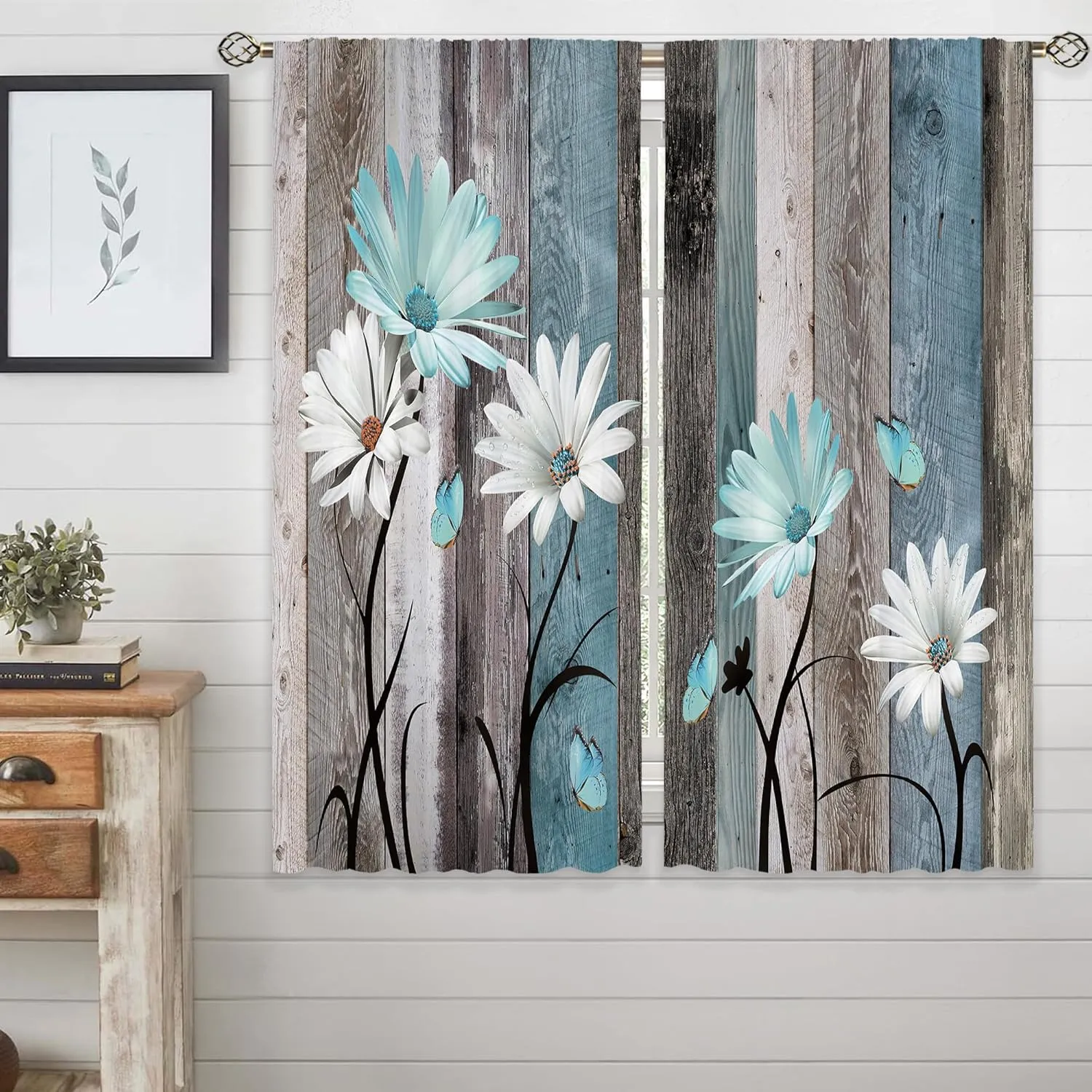 Teal Farmhouse Daisy Curtains, Wooden Flower Window Curtains 52x84 Inch for Bedroom Living Room Decor, Rustic Floral Butterfly Country Drapes Treatment Draperies Fabric Rod Pocket (2 Panels