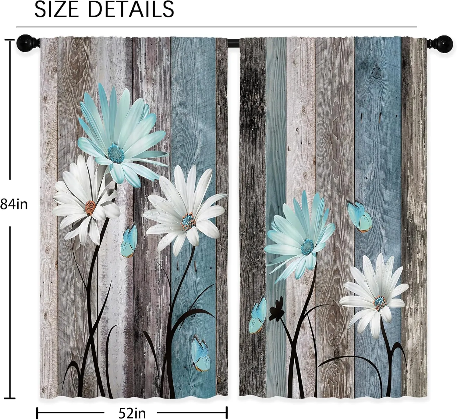 Teal Farmhouse Daisy Curtains, Wooden Flower Window Curtains 52x84 Inch for Bedroom Living Room Decor, Rustic Floral Butterfly Country Drapes Treatment Draperies Fabric Rod Pocket (2 Panels