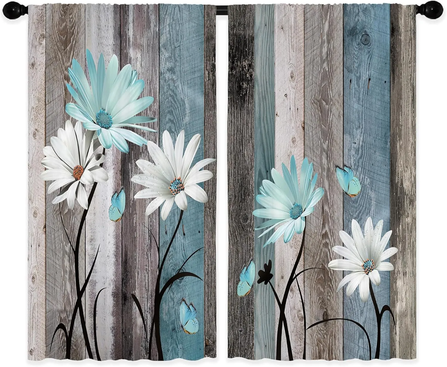 Teal Farmhouse Daisy Curtains, Wooden Flower Window Curtains 52x84 Inch for Bedroom Living Room Decor, Rustic Floral Butterfly Country Drapes Treatment Draperies Fabric Rod Pocket (2 Panels