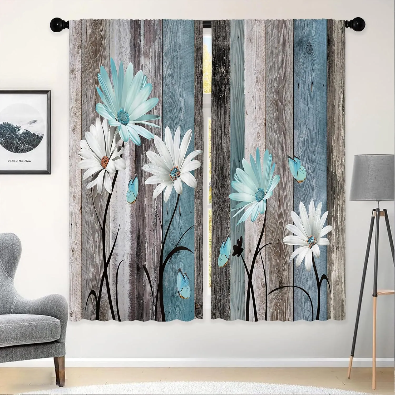 Teal Farmhouse Daisy Curtains, Wooden Flower Window Curtains 52x84 Inch for Bedroom Living Room Decor, Rustic Floral Butterfly Country Drapes Treatment Draperies Fabric Rod Pocket (2 Panels