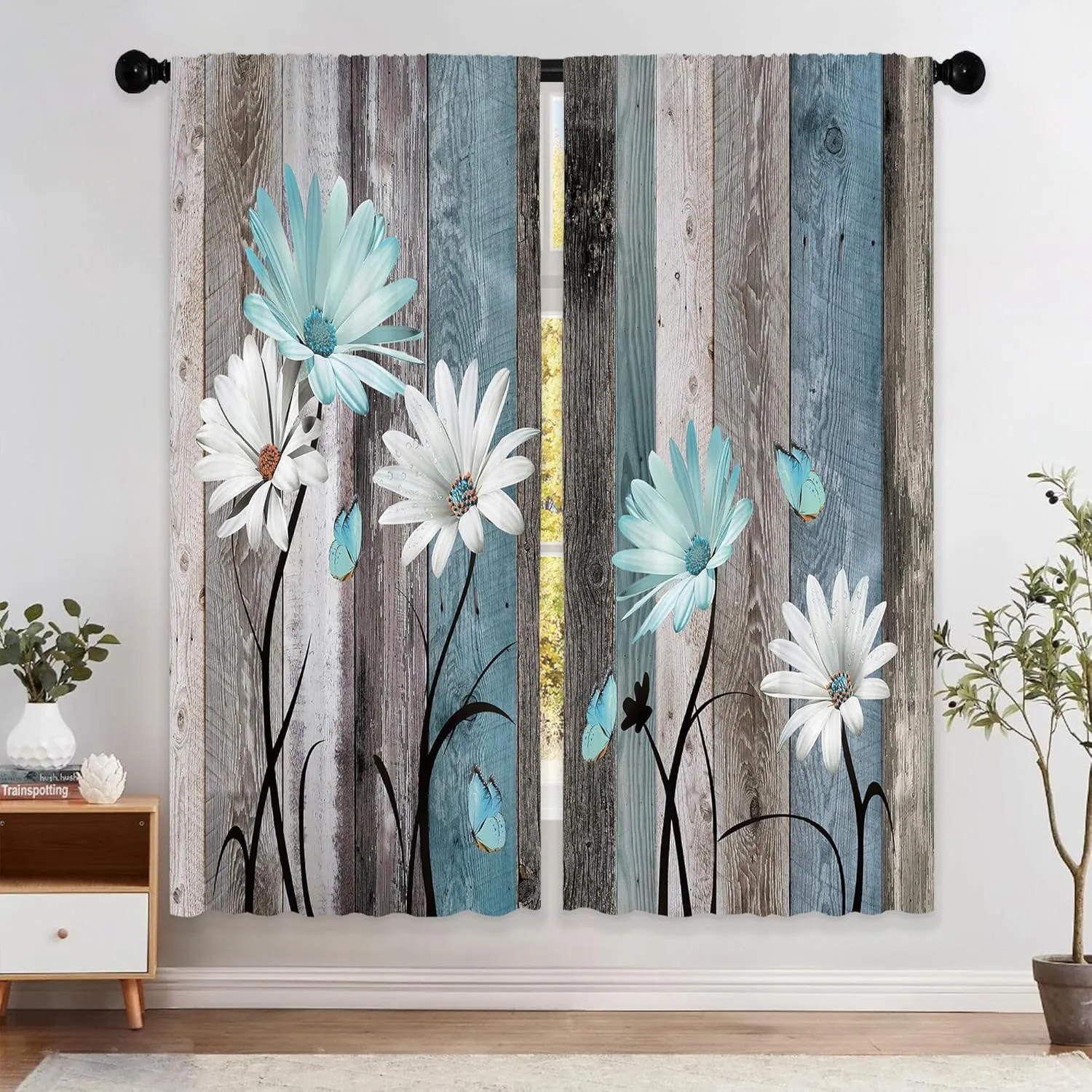 Teal Farmhouse Daisy Curtains, Wooden Flower Window Curtains 52x84 Inch for Bedroom Living Room Decor, Rustic Floral Butterfly Country Drapes Treatment Draperies Fabric Rod Pocket (2 Panels