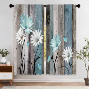Teal Farmhouse Daisy Curtains, Wooden Flower Window Curtains 52x84 Inch for Bedroom Living Room Decor, Rustic Floral Butterfly Country Drapes Treatment Draperies Fabric Rod Pocket (2 Panels