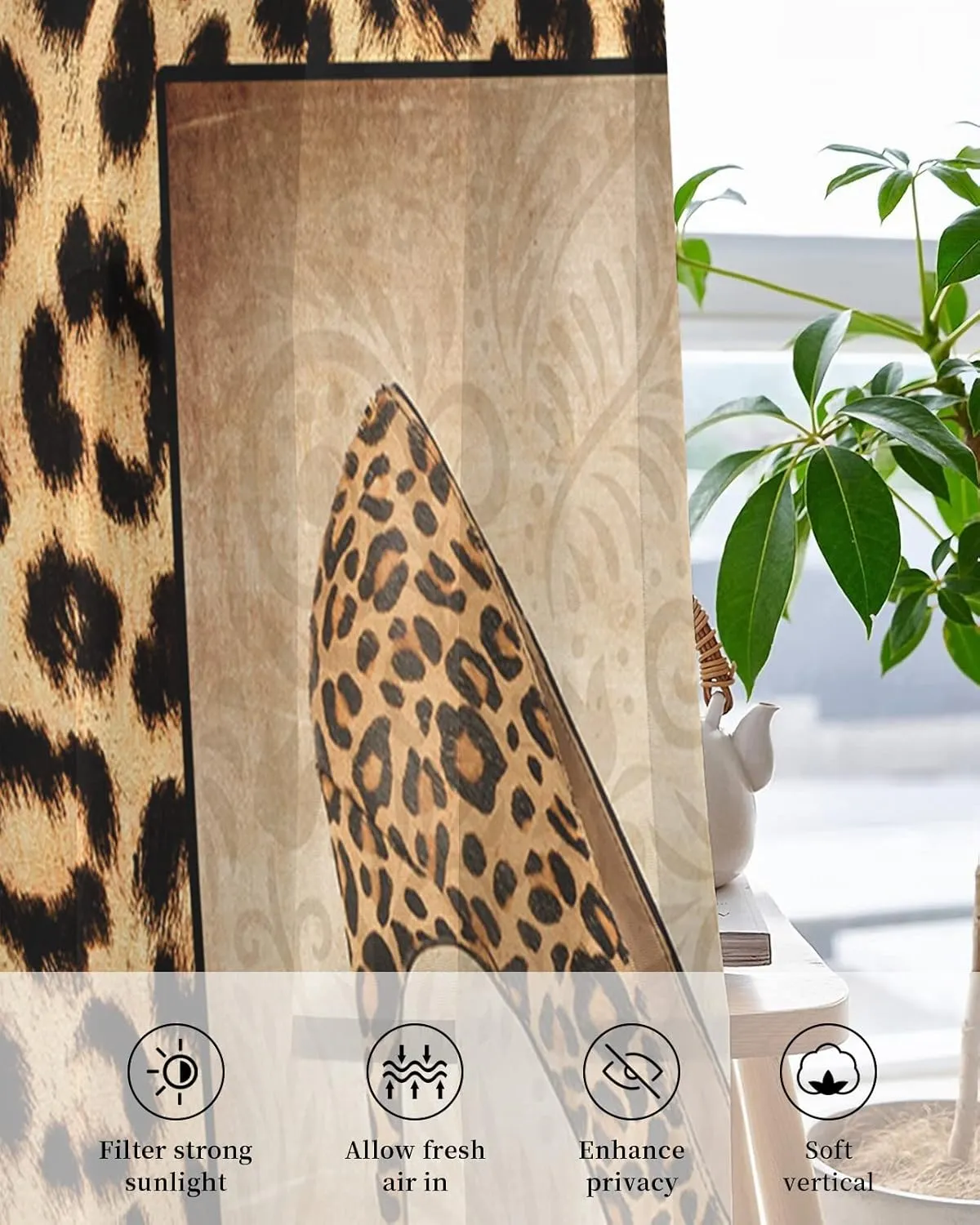 Teamery Sheer Curtains 84 Inches Long, High Heels Leopard Sheer Curtains, Sheer Voile Window Curtains for Bedroom Living Room Kitchen, Grommet Curtains & Drapes, 52Wx84L 2 Panels