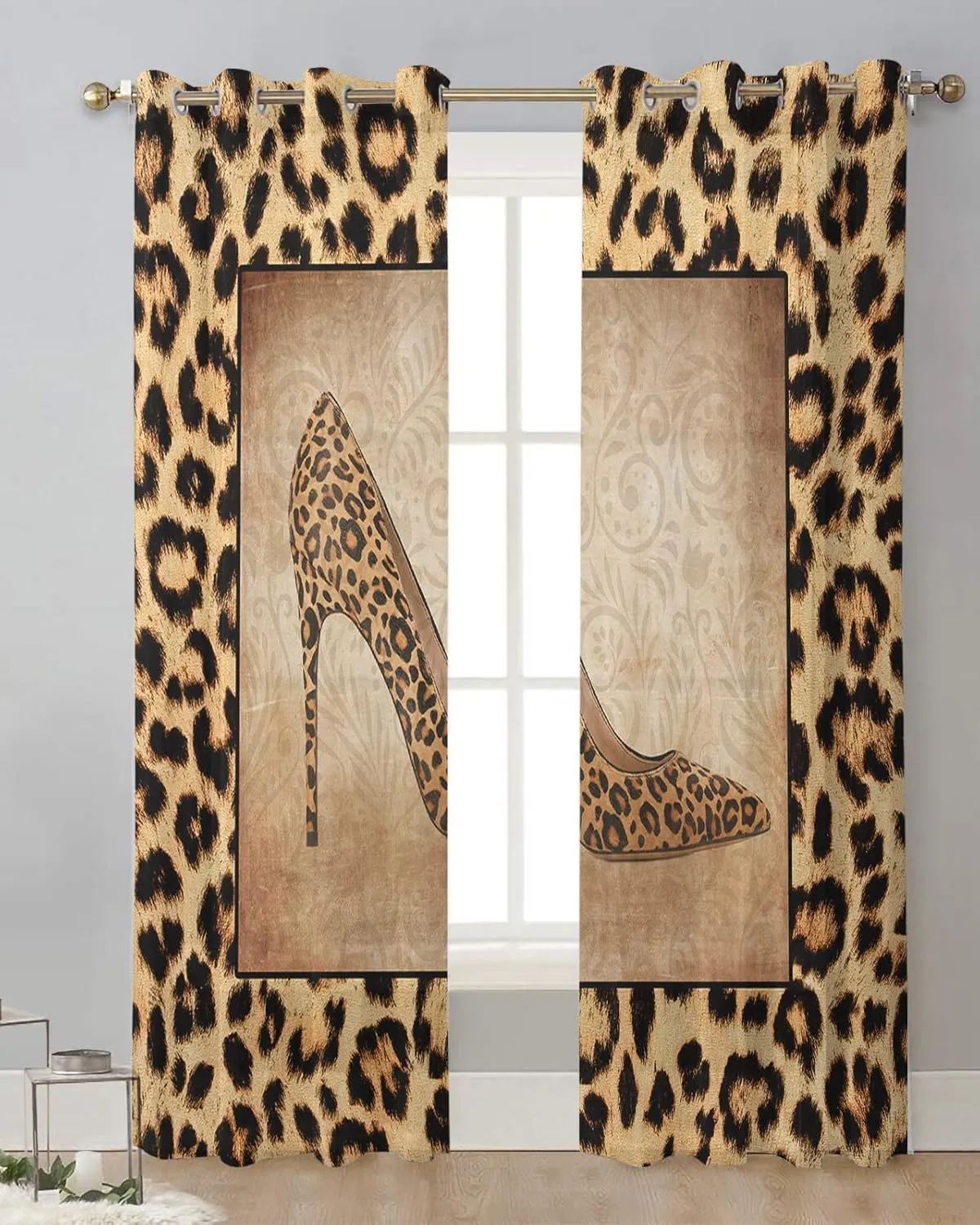 Teamery Sheer Curtains 84 Inches Long, High Heels Leopard Sheer Curtains, Sheer Voile Window Curtains for Bedroom Living Room Kitchen, Grommet Curtains & Drapes, 52Wx84L 2 Panels