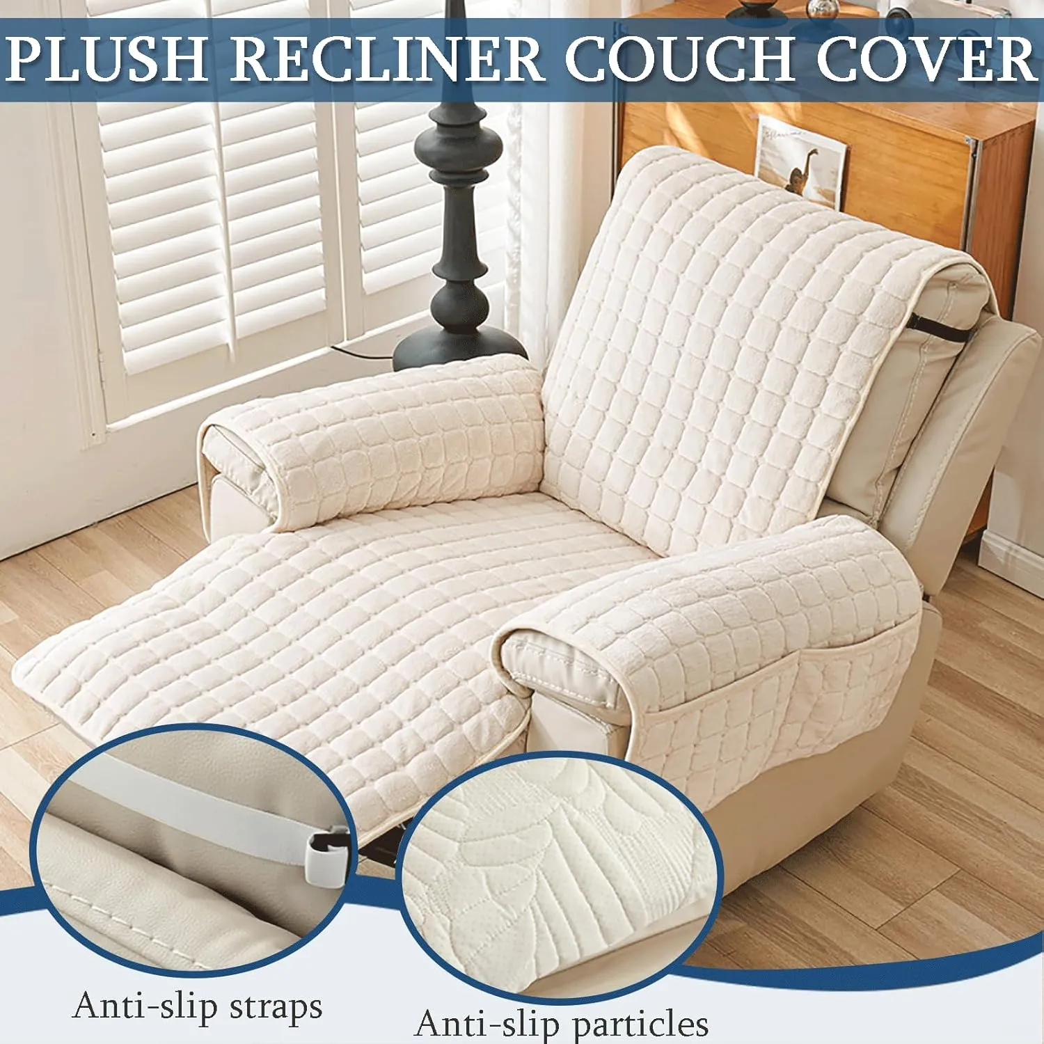 Thick Velvet Soft Couch Cover, Washable Non-Slip Protector for 1/2/3 Seats, Elastic Strap Fit 21"~66" Width(White,116 * 190CM)