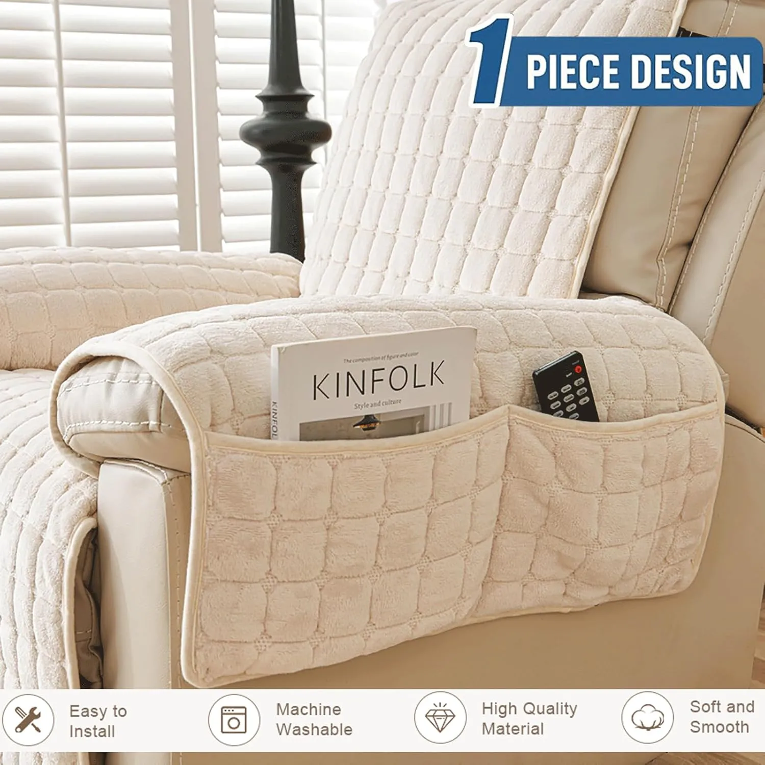 Thick Velvet Soft Couch Cover, Washable Non-Slip Protector for 1/2/3 Seats, Elastic Strap Fit 21"~66" Width(White,116 * 190CM)