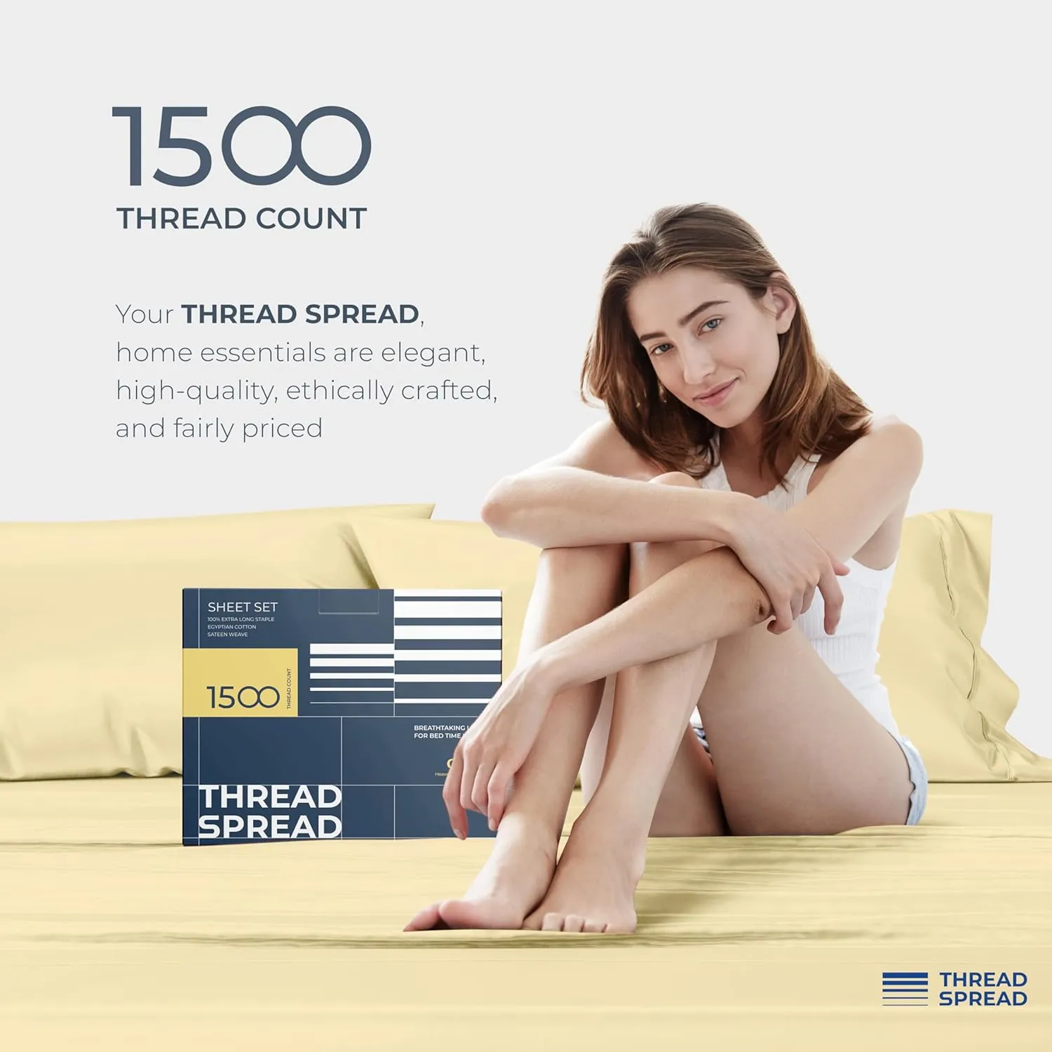 THREAD SPREAD 100% Egyptian Cotton King Size Sheets Set - Luxury 1500 Thread Count Egyptian Cotton Sheets King Size, 17" Deep Pocket, Soft, Cooling Sateen Weave Hotel Quality Bedding Set - Beige