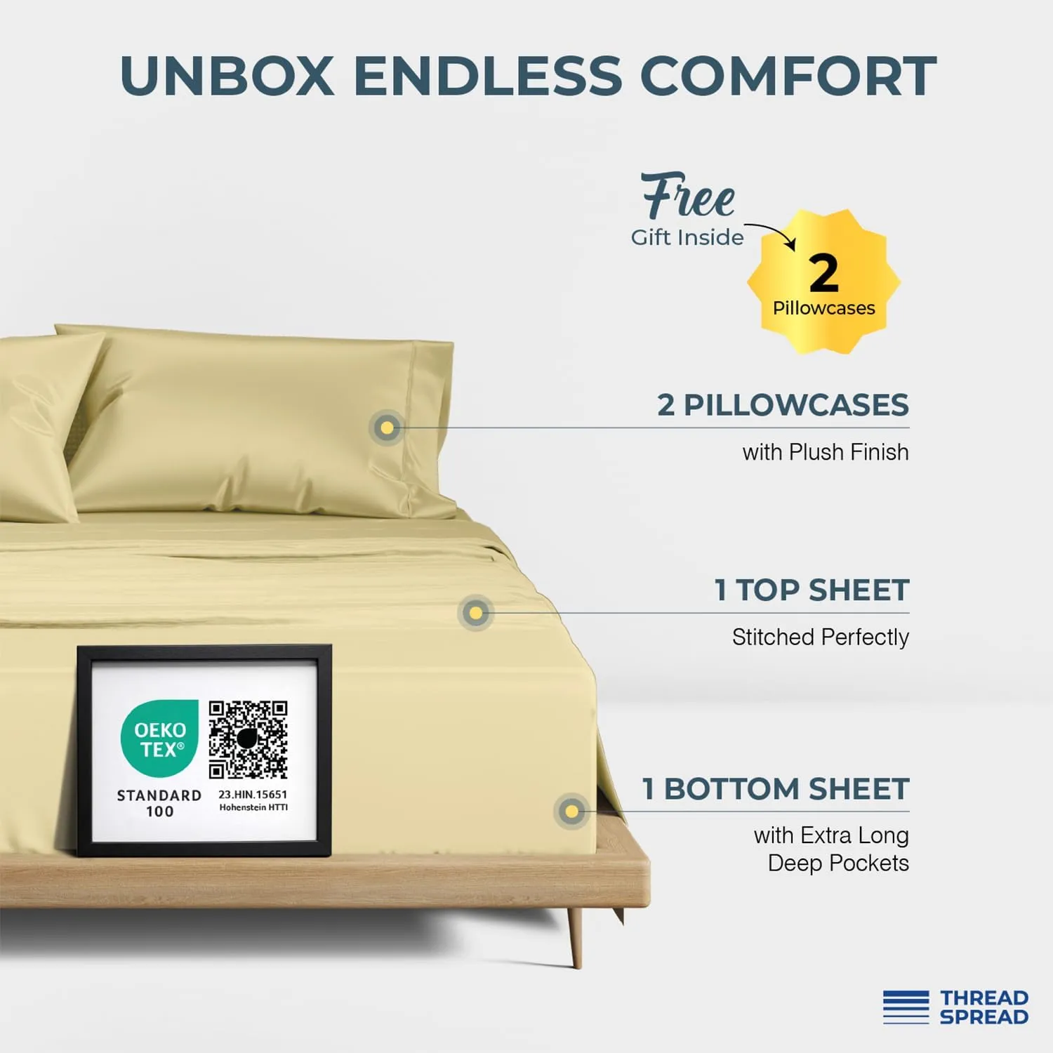 THREAD SPREAD 100% Egyptian Cotton King Size Sheets Set - Luxury 1500 Thread Count Egyptian Cotton Sheets King Size, 17" Deep Pocket, Soft, Cooling Sateen Weave Hotel Quality Bedding Set - Beige