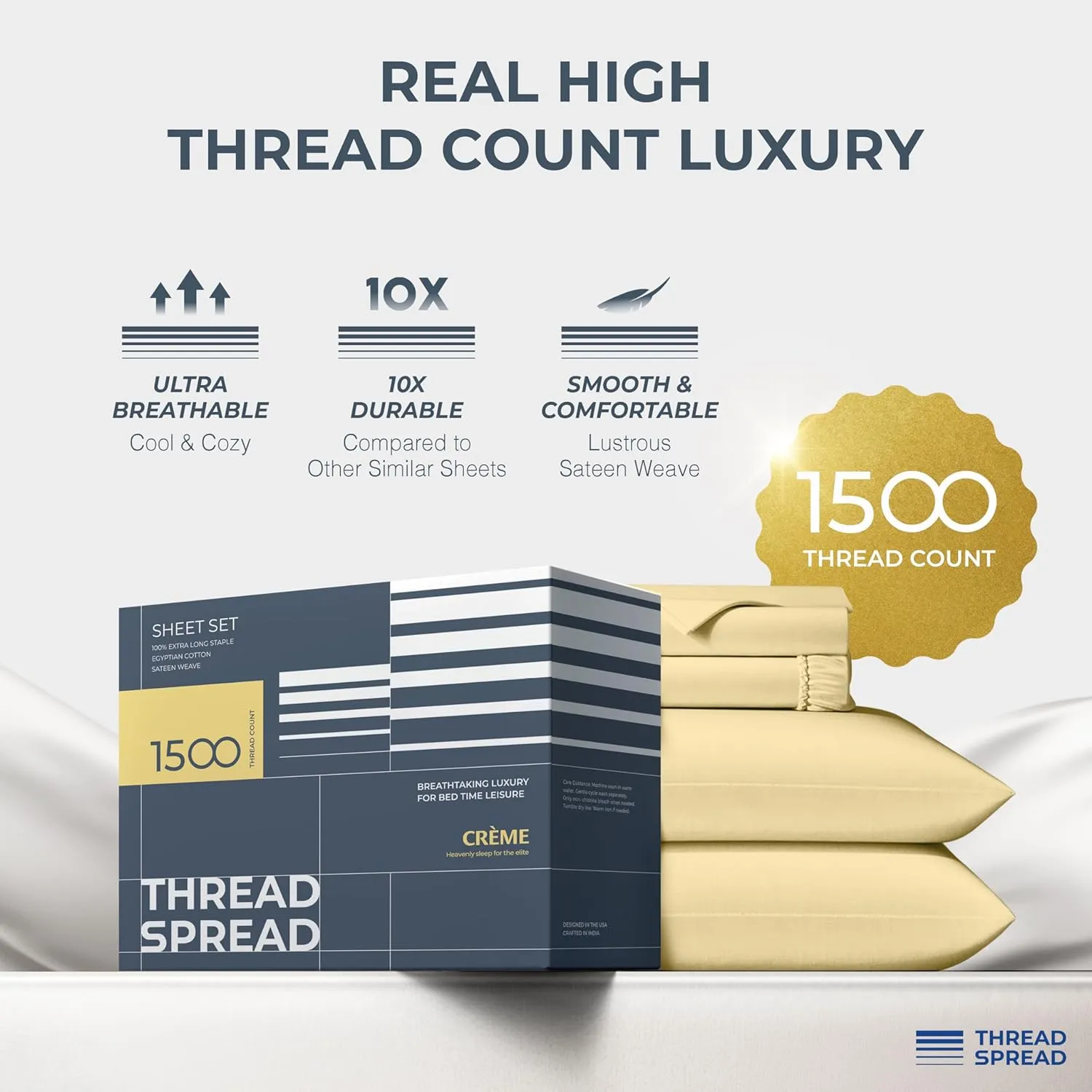 THREAD SPREAD 100% Egyptian Cotton King Size Sheets Set - Luxury 1500 Thread Count Egyptian Cotton Sheets King Size, 17" Deep Pocket, Soft, Cooling Sateen Weave Hotel Quality Bedding Set - Beige