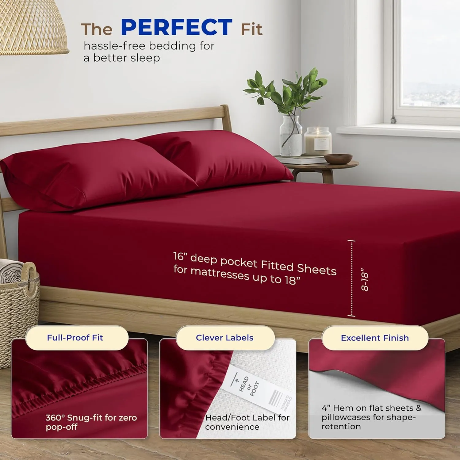 THREAD SPREAD Egyptian Cotton Luxury Sheets King Size - 600 Thread Count 4 Piece Set, 16" Deep Pocket, Soft, Cooling Sateen Weave Hotel Bed Sheets - Burgundy