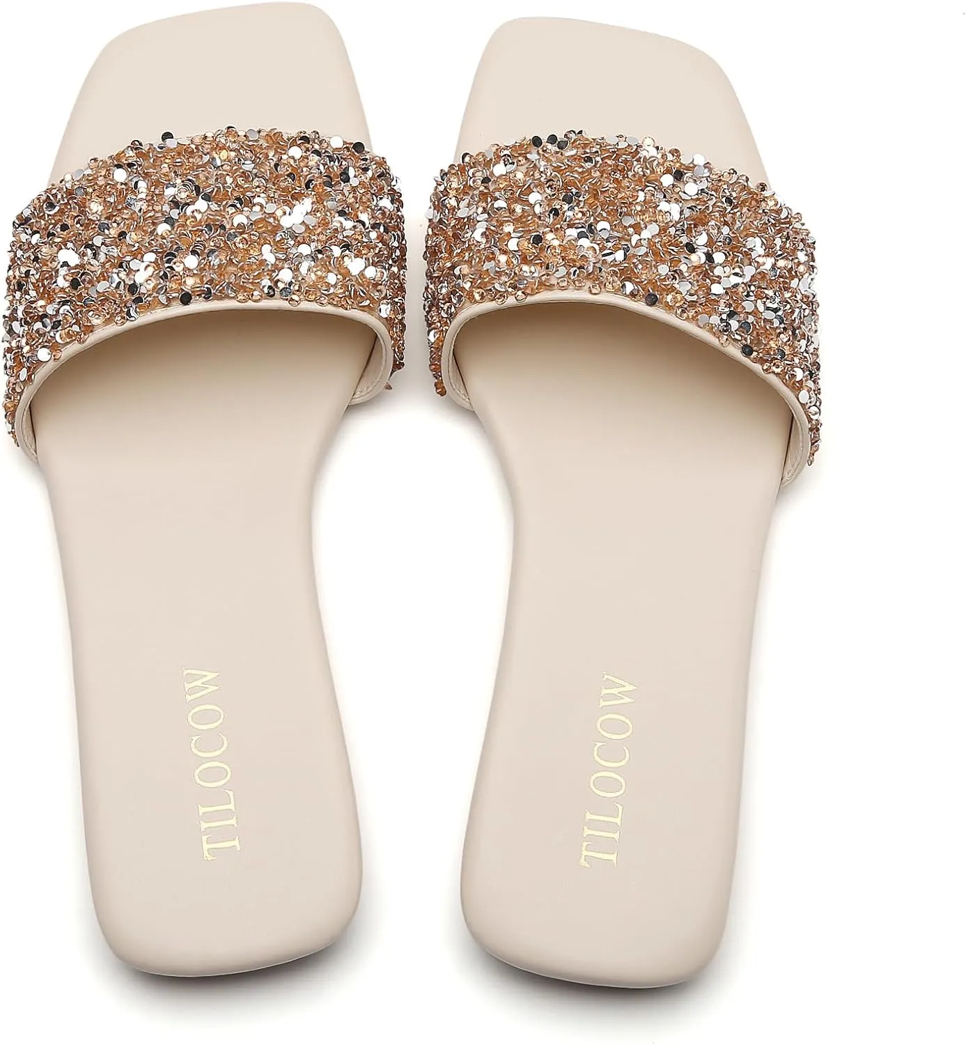 Tilocow Women Rhinestone Decor Flat Sandals Square Toe Fashion Glitter Bling Slides With Soft Summer Slippers