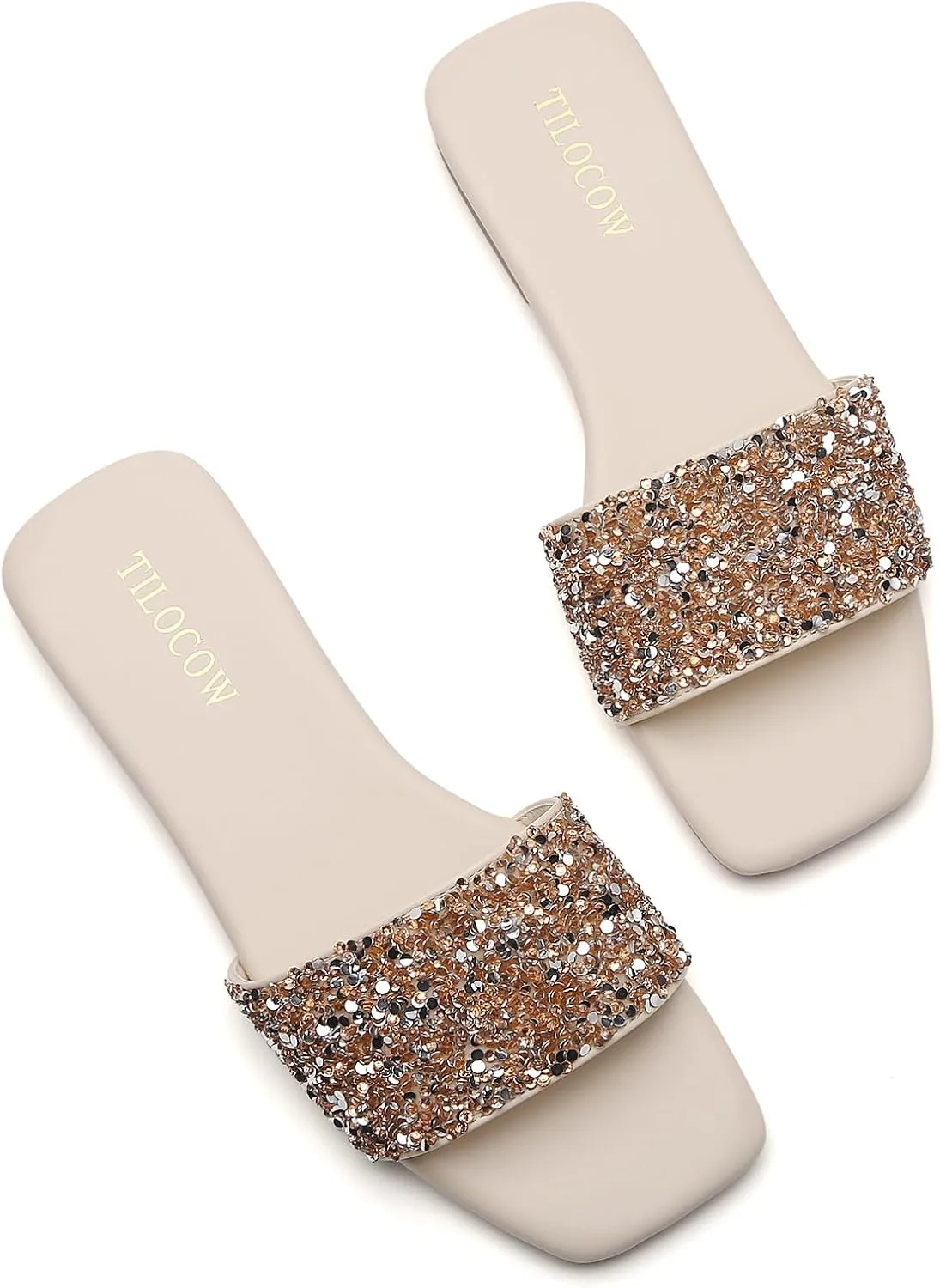 Tilocow Women Rhinestone Decor Flat Sandals Square Toe Fashion Glitter Bling Slides With Soft Summer Slippers