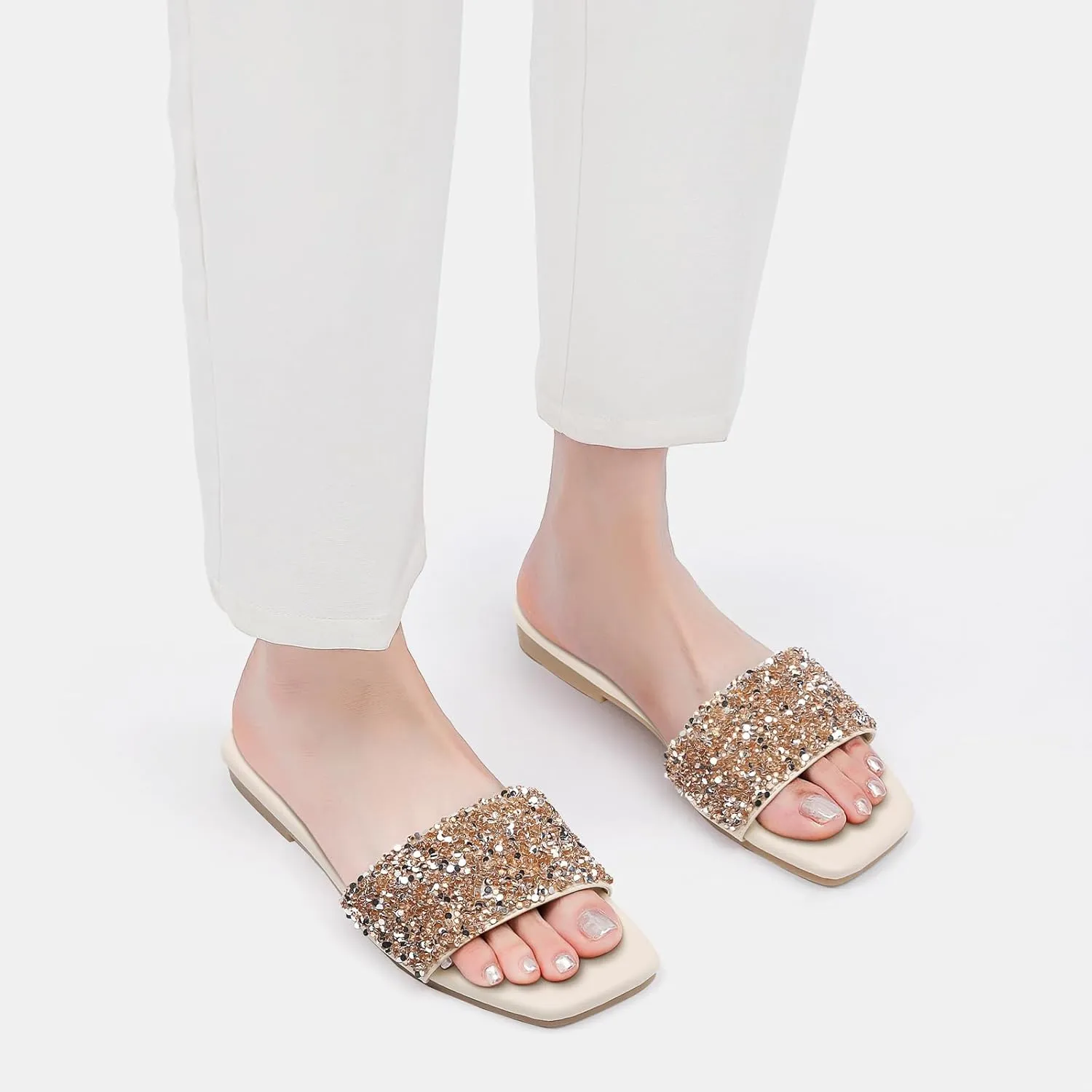 Tilocow Women Rhinestone Decor Flat Sandals Square Toe Fashion Glitter Bling Slides With Soft Summer Slippers