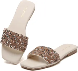 Tilocow Women Rhinestone Decor Flat Sandals Square Toe Fashion Glitter Bling Slides With Soft Summer Slippers