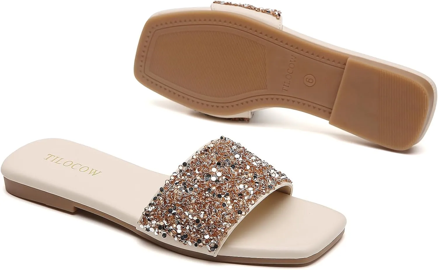 Tilocow Women Rhinestone Decor Flat Sandals Square Toe Fashion Glitter Bling Slides With Soft Summer Slippers
