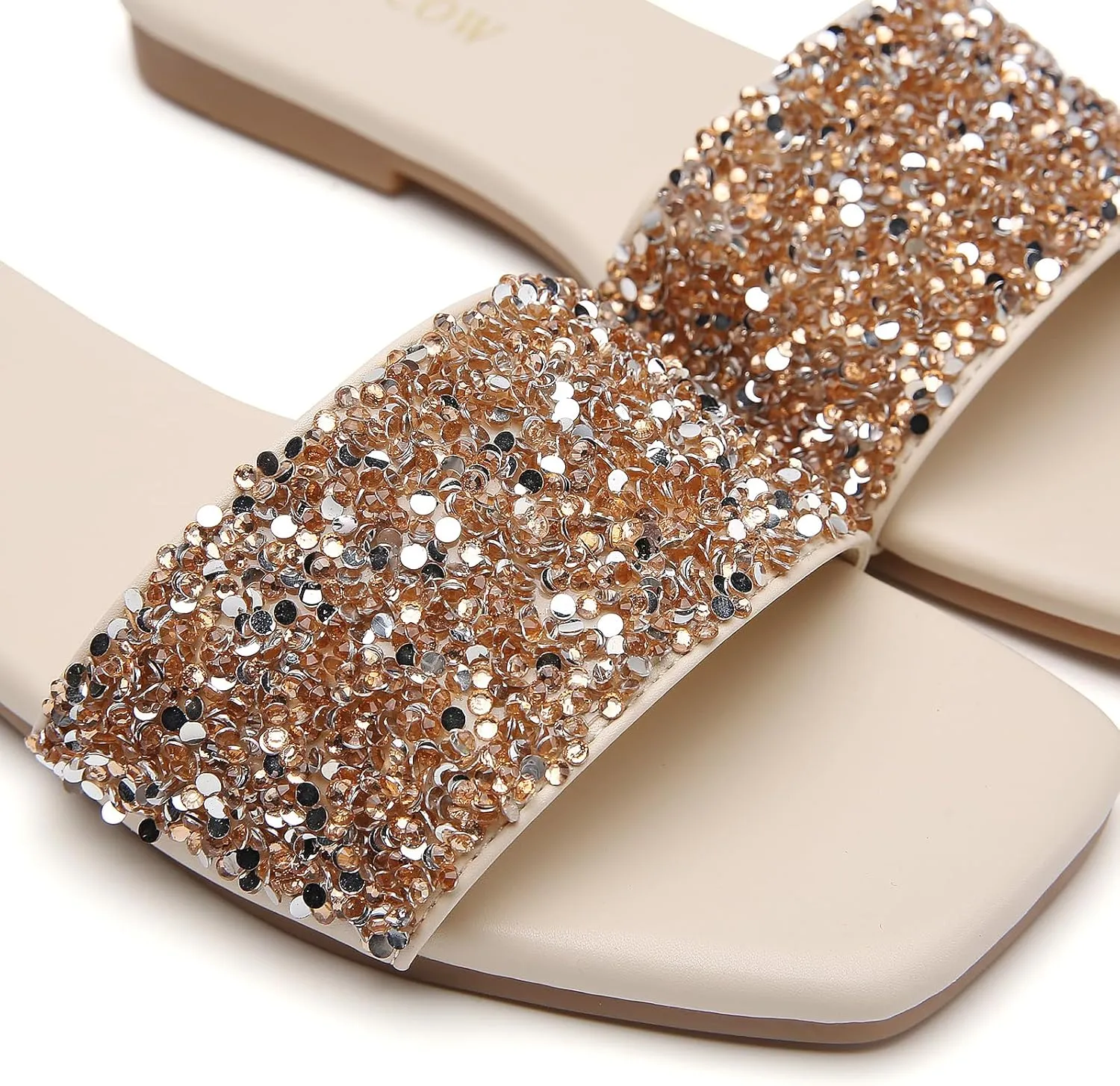 Tilocow Women Rhinestone Decor Flat Sandals Square Toe Fashion Glitter Bling Slides With Soft Summer Slippers