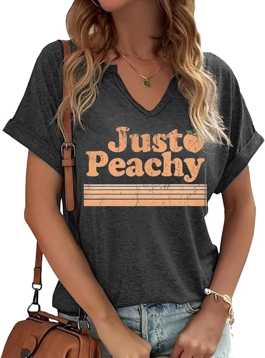 TIXOM Womens Summer V Neck Shirt Funny Letter Printed Graphic Short Sleeve Tee Casual Loose Fit Holiday Tops