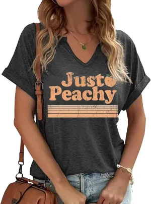 TIXOM Womens Summer V Neck Shirt Funny Letter Printed Graphic Short Sleeve Tee Casual Loose Fit Holiday Tops