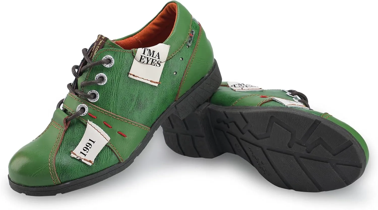 TMA EYES & MAiA Womens Handmade Stitching Shoes Leather Lace-up Low Heel Women Casual Shoes