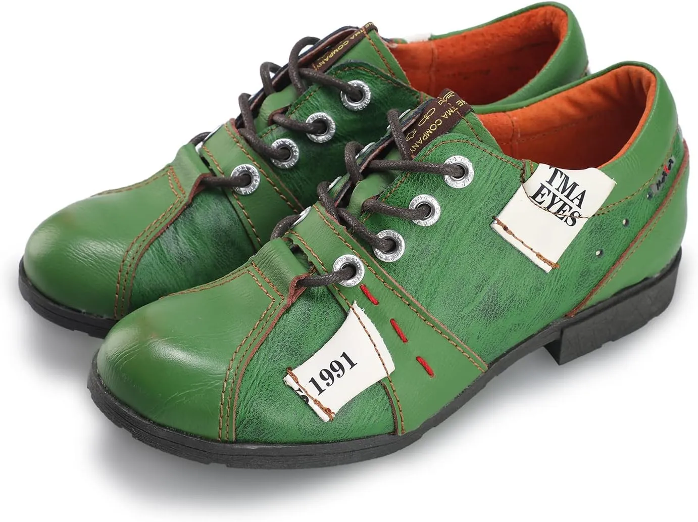 TMA EYES & MAiA Womens Handmade Stitching Shoes Leather Lace-up Low Heel Women Casual Shoes