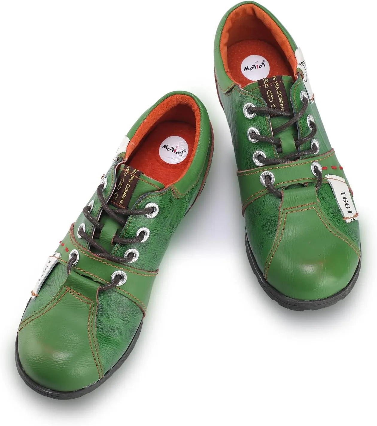 TMA EYES & MAiA Womens Handmade Stitching Shoes Leather Lace-up Low Heel Women Casual Shoes