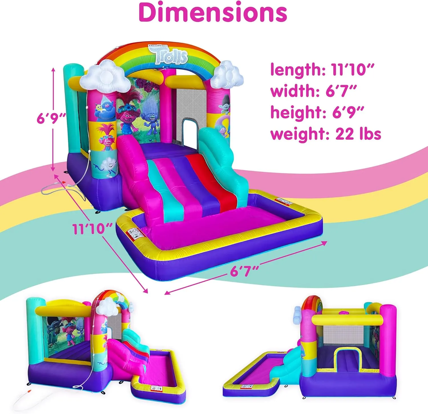 Trolls Band Together Inflatable Bouncy Castle with Slide, Outdoor Indoor Bounce House with Ball Pit for Kids Ages 3-8, Plus Heavy Duty Air Blower