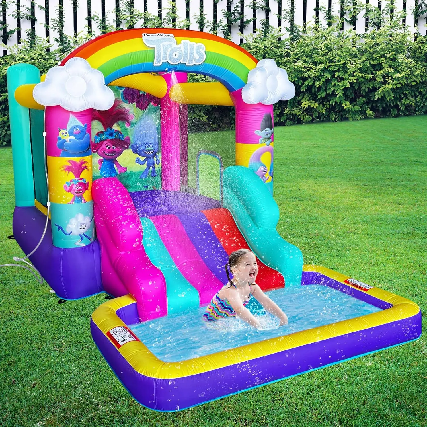 Trolls Band Together Inflatable Bouncy Castle with Slide, Outdoor Indoor Bounce House with Ball Pit for Kids Ages 3-8, Plus Heavy Duty Air Blower