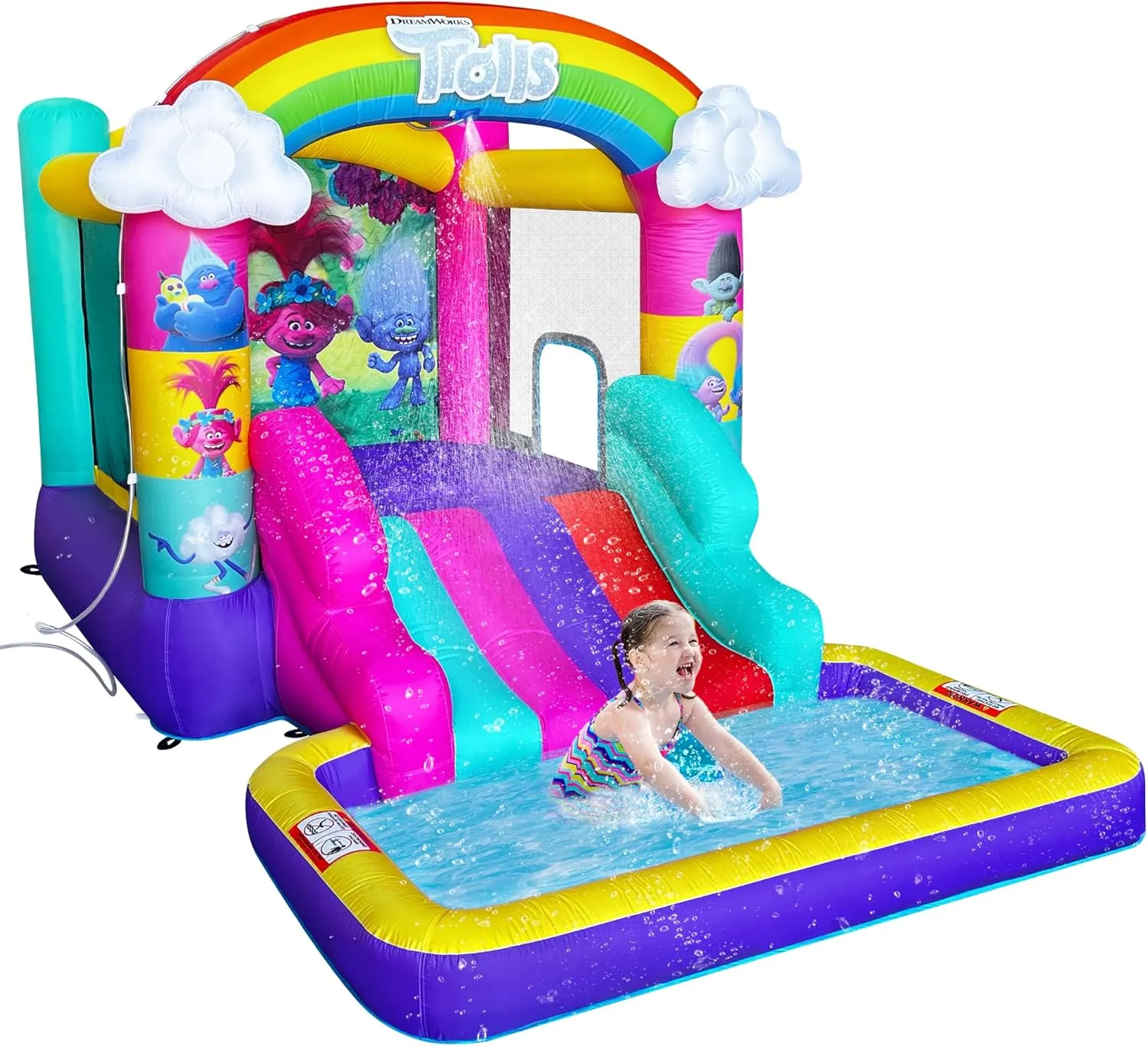 Trolls Band Together Inflatable Bouncy Castle with Slide, Outdoor Indoor Bounce House with Ball Pit for Kids Ages 3-8, Plus Heavy Duty Air Blower