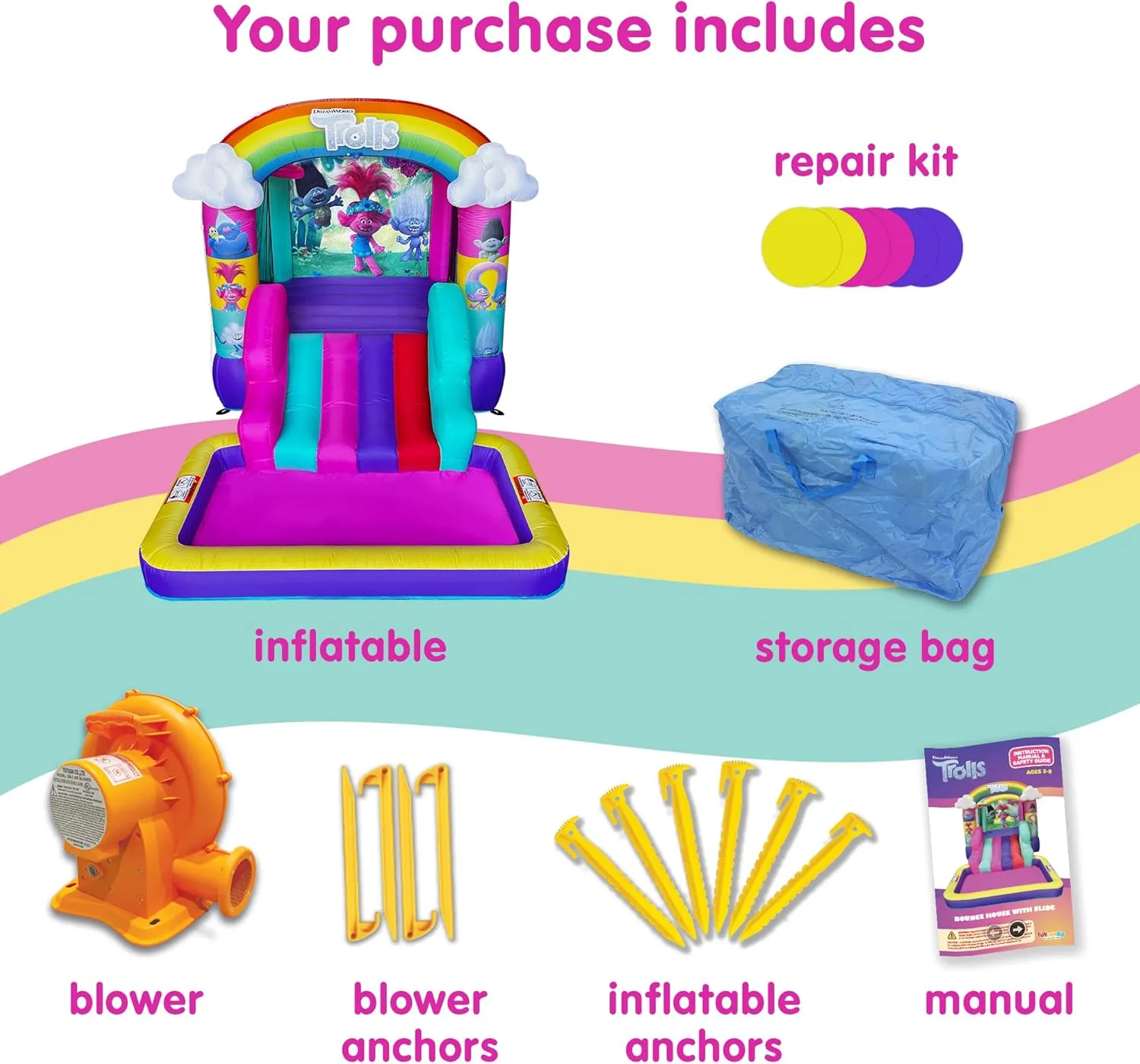 Trolls Band Together Inflatable Bouncy Castle with Slide, Outdoor Indoor Bounce House with Ball Pit for Kids Ages 3-8, Plus Heavy Duty Air Blower