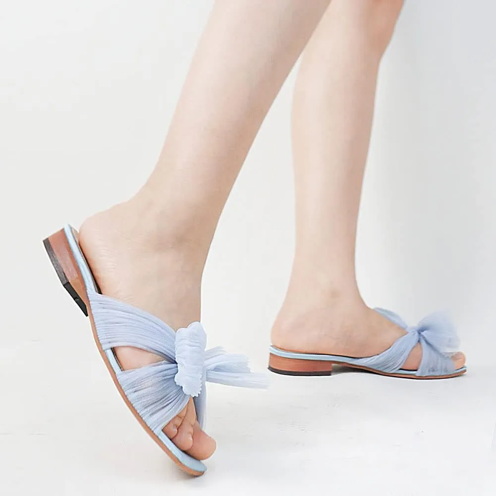 Tscoyuki Women's Flat Slide Pleated Bow Sandals, Slip On Open Toe Sandals Party Slippers Dress Wedding Shoes