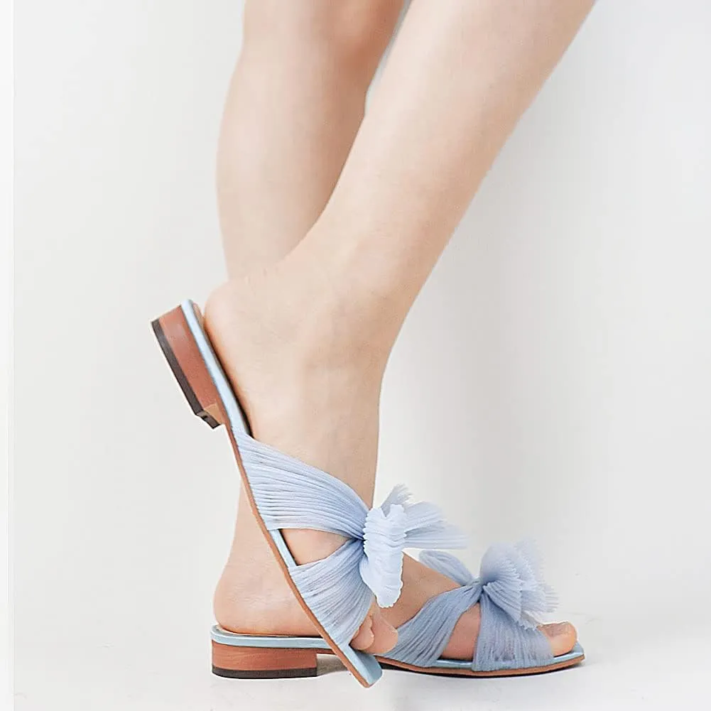 Tscoyuki Women's Flat Slide Pleated Bow Sandals, Slip On Open Toe Sandals Party Slippers Dress Wedding Shoes