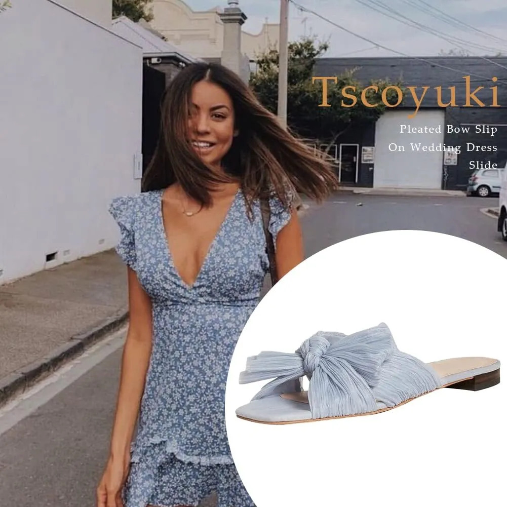 Tscoyuki Women's Flat Slide Pleated Bow Sandals, Slip On Open Toe Sandals Party Slippers Dress Wedding Shoes