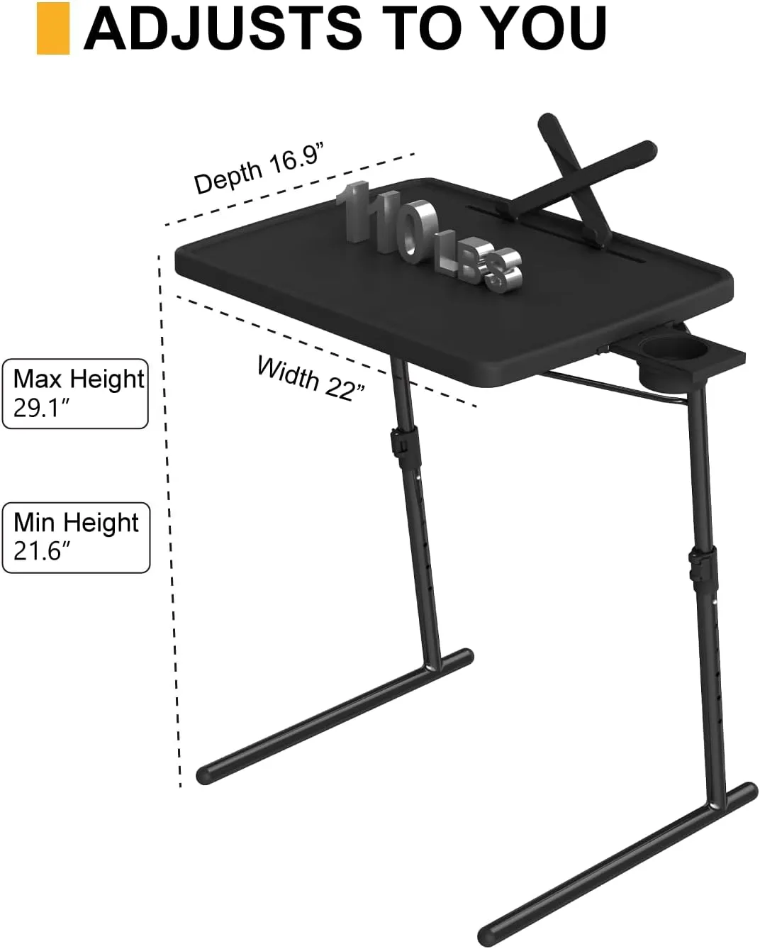 TV Tray Table, XL PRO TV Dinner Tables, 16.9 x 22 x 29.1inch Folding Desk with Cup Holder and Tablet Slot, Adjustable Couch Desk with 6 Height & 3 Tilt Angle Adjustments, Laptop Desks, Black